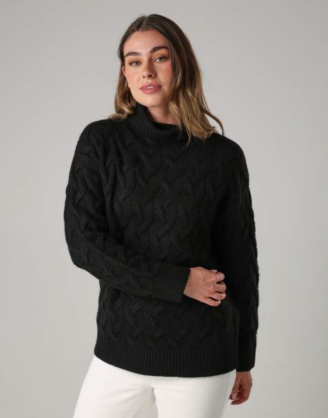 French Connection Cable knit roll neck long sleeve jumper in black - view 1