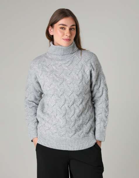 French Connection Cable knit roll neck long sleeve jumper in light grey - view 1