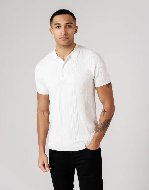 French Connection Cable knit short sleeve button collar polo shirt in ecru
