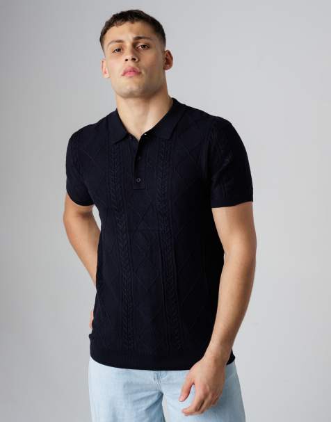 French Connection Cable knit short sleeve button collar polo shirt in navy - view 1