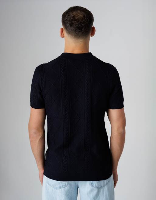 French Connection Cable knit short sleeve button collar polo shirt in navy, 2 of 4