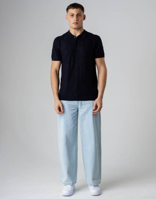French Connection Cable knit short sleeve button collar polo shirt in navy, 3 of 4