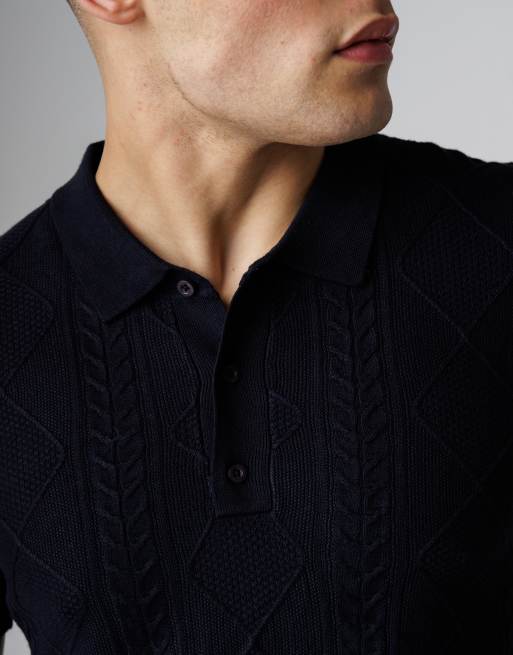 French Connection Cable knit short sleeve button collar polo shirt in navy, 4 of 4
