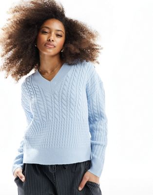 French Connection cable knit v neck jumper in light blue