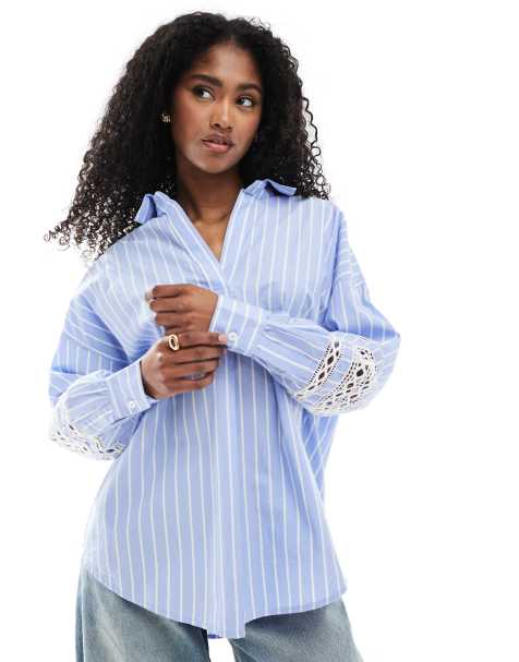 French Connection - Cambria - Camicia blu a righe con ricamo sulle maniche - view 1