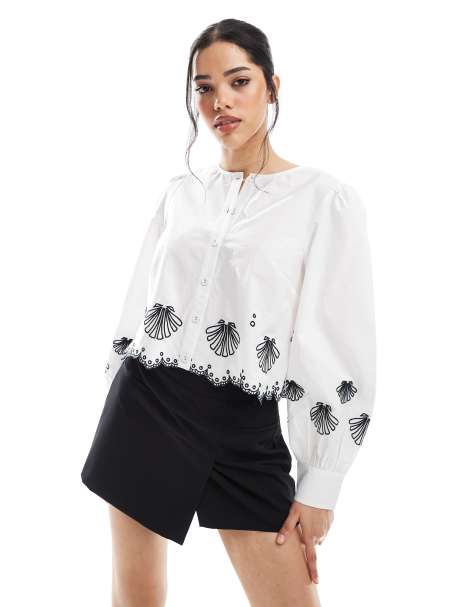 French Connection Cambria cotton blouse with embroidery in white 