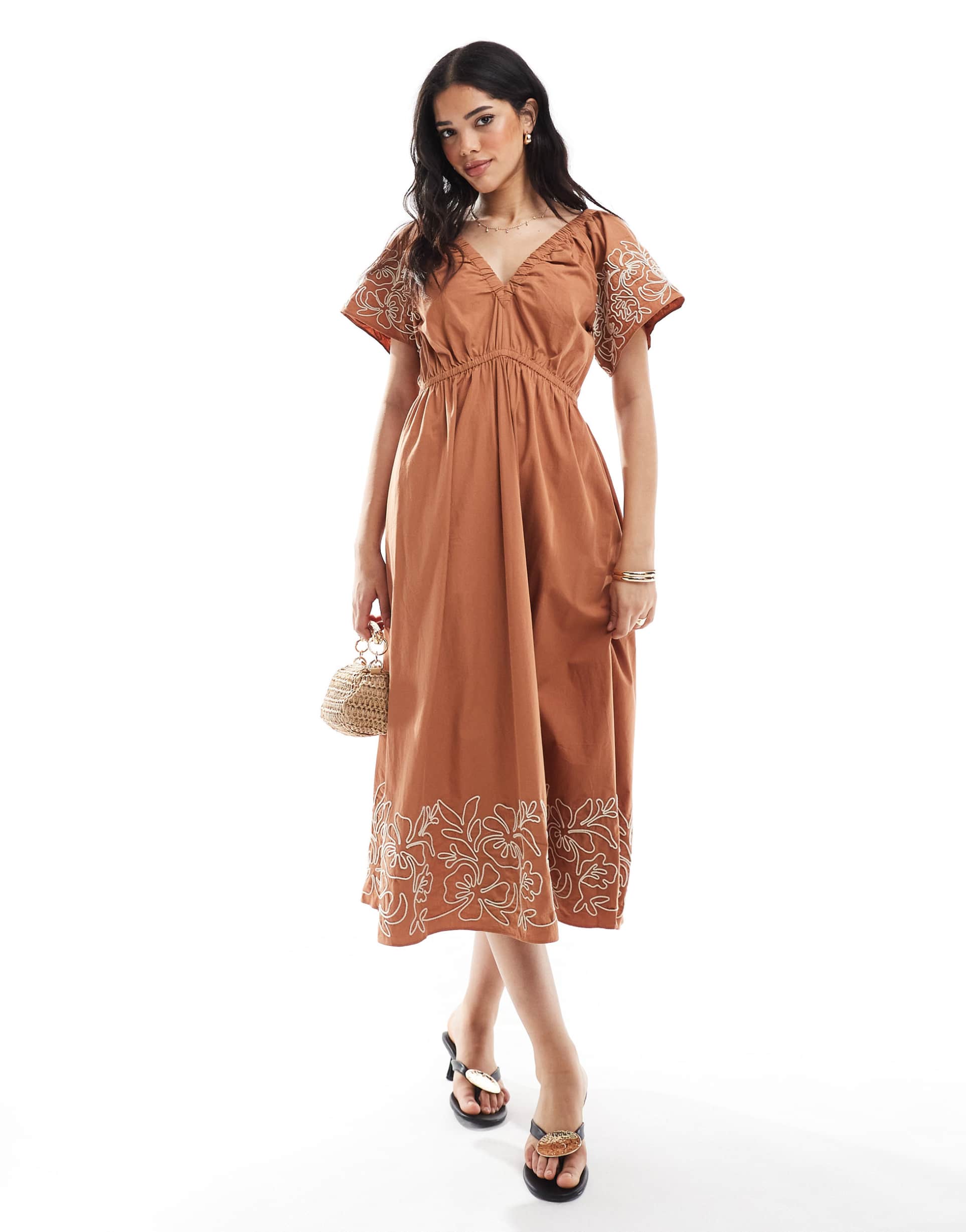 french connection cambria cotton embroidered midi dress in coffee brown