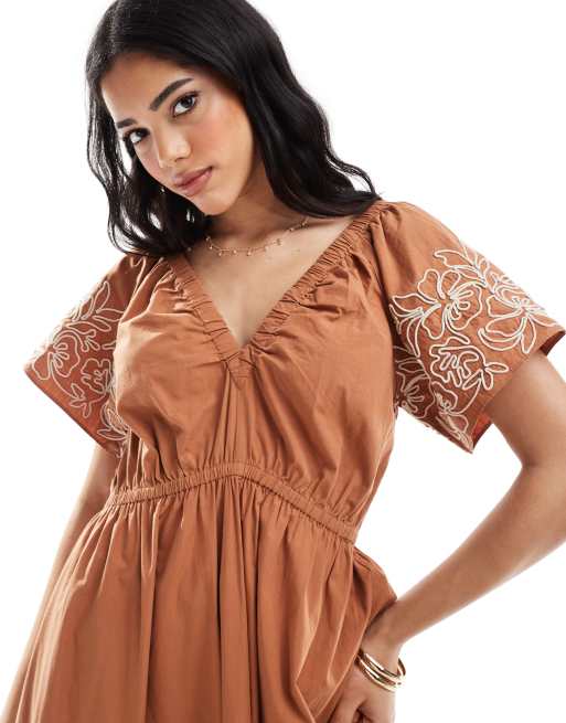 French Connection Cambria cotton embroidered midi dress in coffee brown |  ASOS