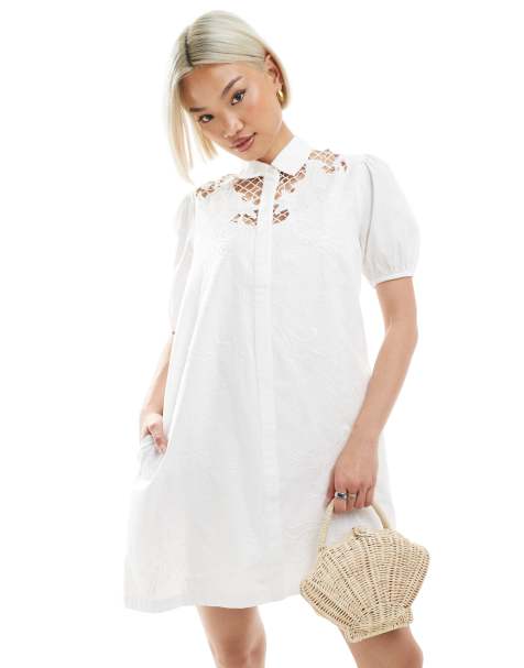 French Connection Cambria cotton embroidered mini shirt dress in white