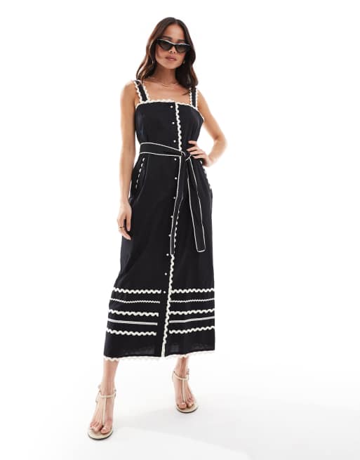 French Connection Cambria cotton rick-rack midi dress in black and white
