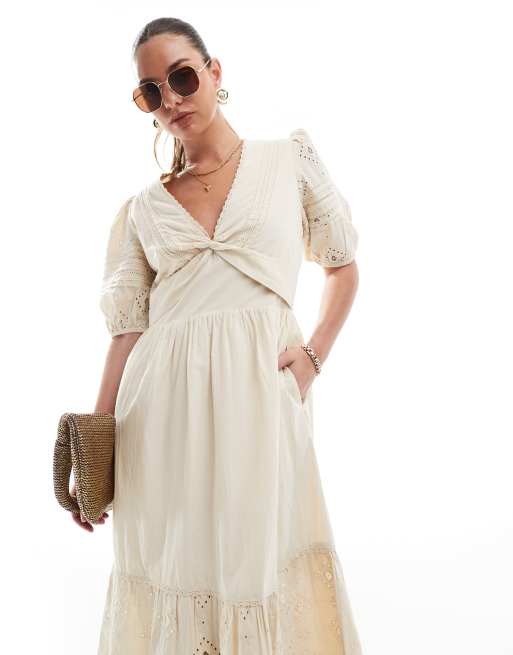 French Connection - Cambria - Katoenen midi jurk met broderie in beige, 2 van 4