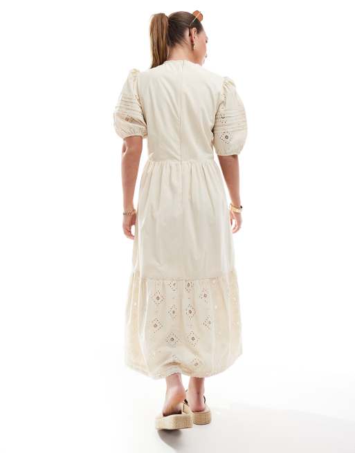French Connection - Cambria - Katoenen midi jurk met broderie in beige, 3 van 4