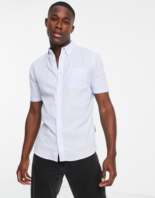 French Connection - Camicia a maniche corte in lino celeste