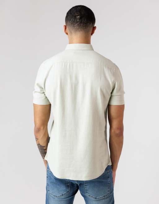 French Connection - Camicia a maniche corte in misto lino verde chiaro con tasca sul petto, 3 di 4