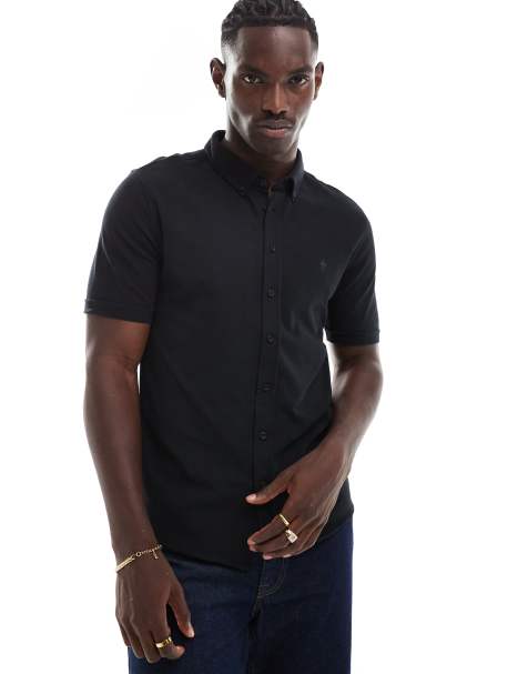 French Connection - Camicia a maniche corte in piqué blu navy - view 1