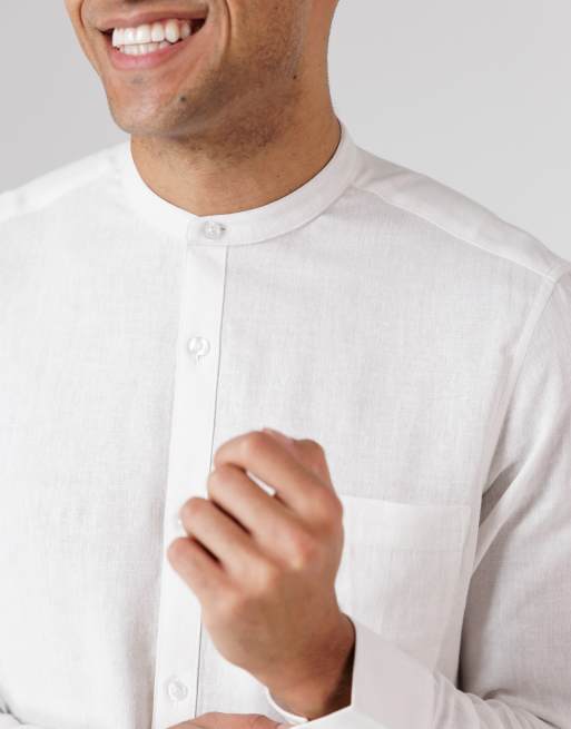 French Connection - Camicia a maniche lunghe in misto lino bianca con taschino e colletto serafino, 2 di 4