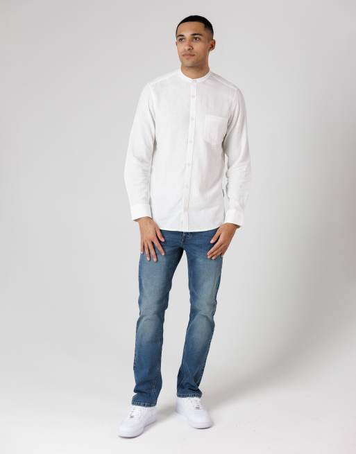 French Connection - Camicia a maniche lunghe in misto lino bianca con taschino e colletto serafino, 3 di 4