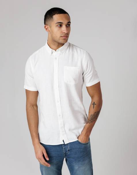 French Connection - Camicia in misto lino a maniche corte bianca con tasca sul petto - view 1
