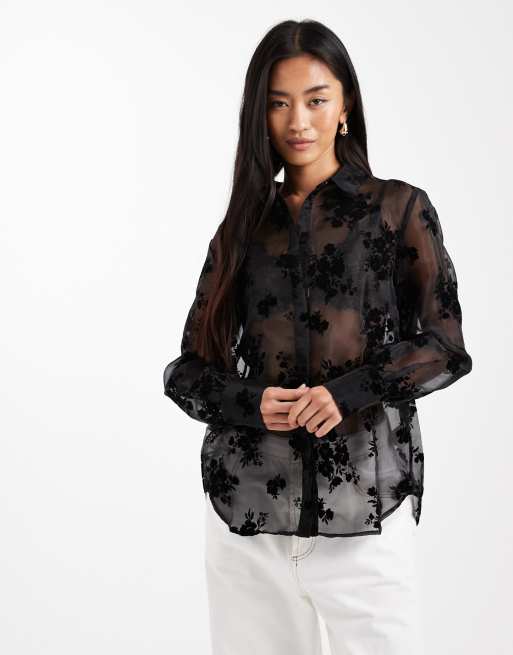 French Connection - Camicia in organza nera trasparente con dettagli floccati