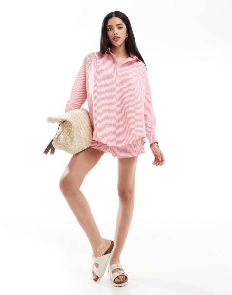 French Connection - Camicia popover in popeline rosa a righe bianche in coordinato - view 1