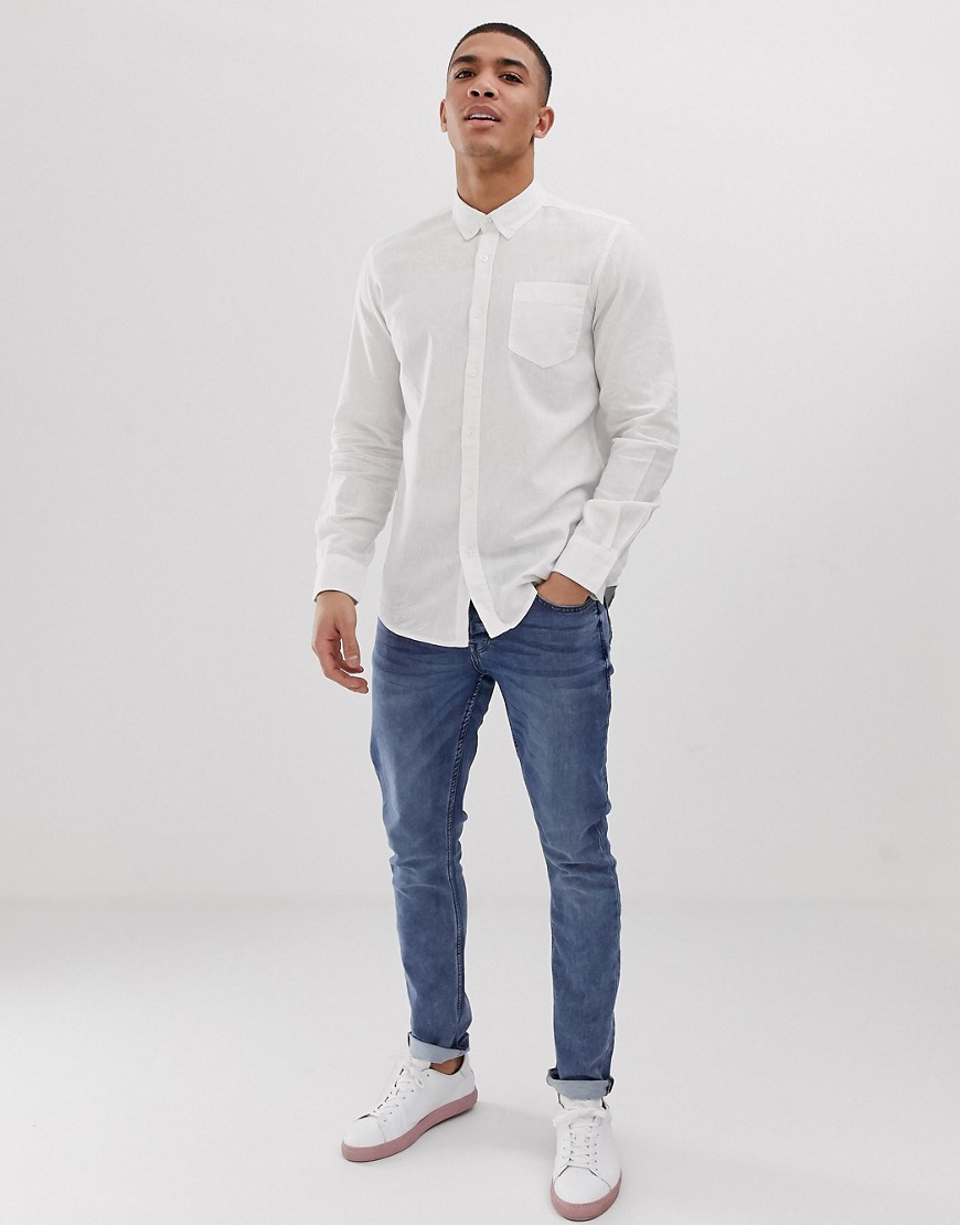 French Connection - Camicia slim in lino a maniche lunghe-Bianco