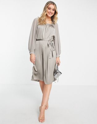 French Connection camina square neck satin dress in beige