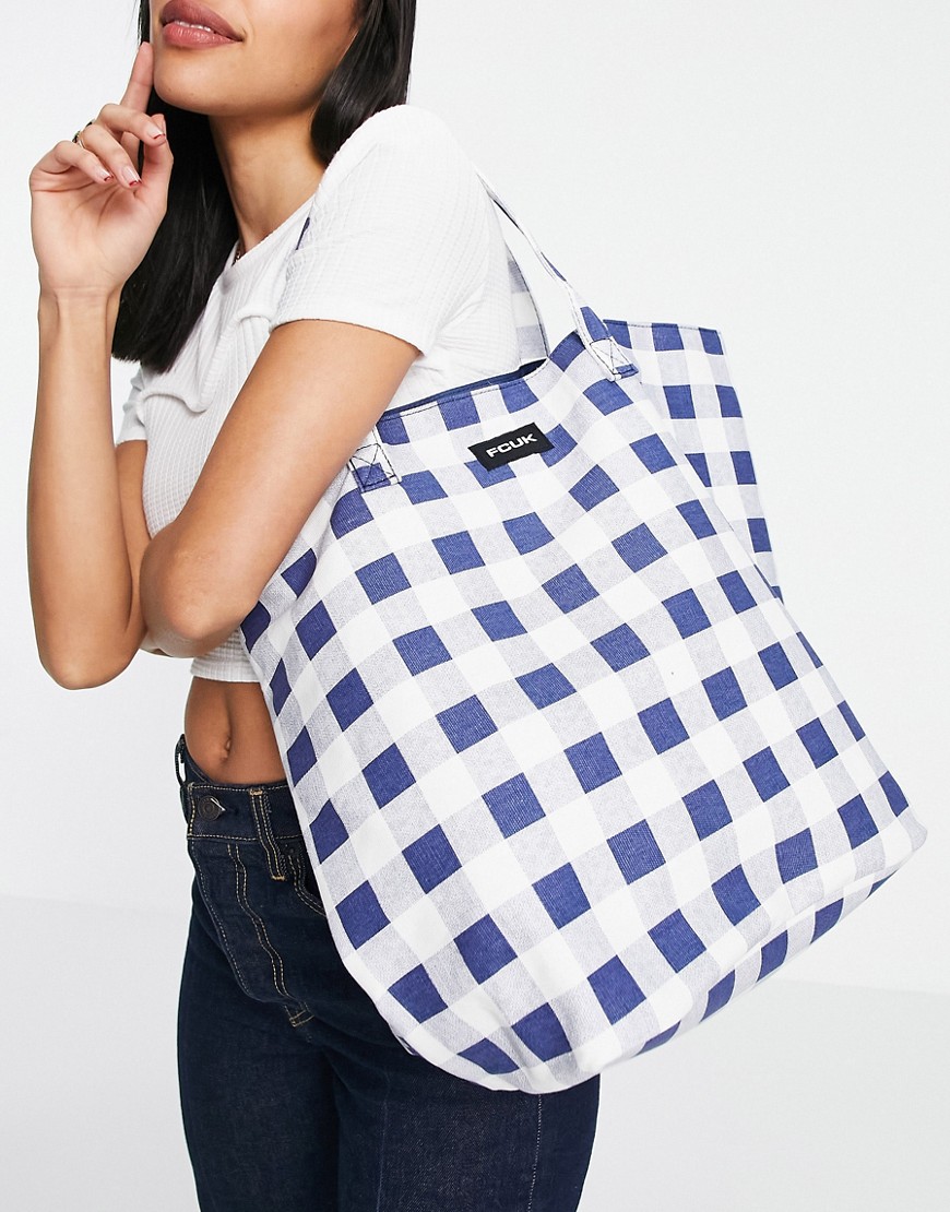 French Connection Canvas Tote Bag In Blue And White Gingham Print-multi