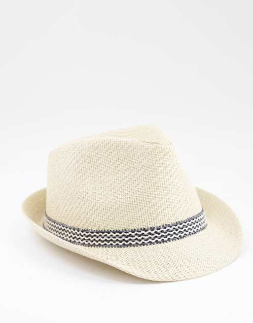 French Connection - Cappello trilby naturale con dettaglio a righe