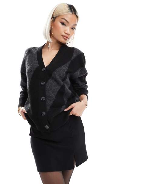 French Connection cardigan in brushed check in grey and black  - view 1