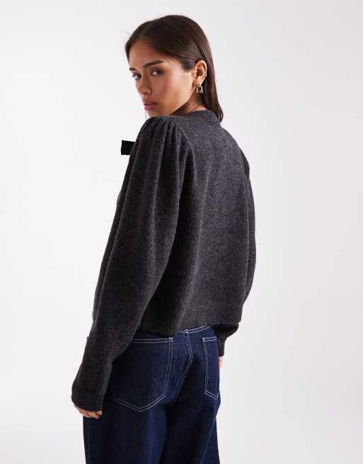 French Connection - Cardigan in maglia antracite con fiocco sul davanti, 4 di 4