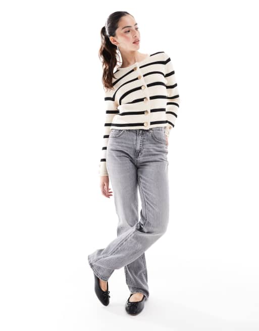 French Connection - Cardigan pesante color crema e nero a righe con bottoni, 2 di 4