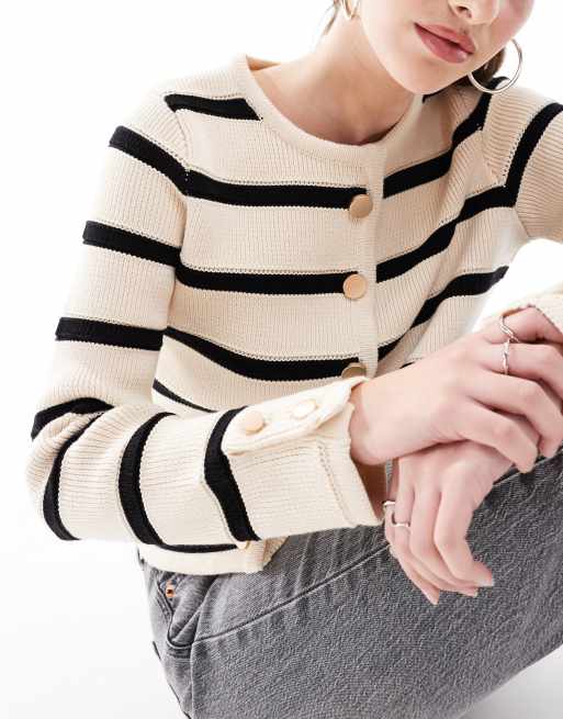 French Connection - Cardigan pesante color crema e nero a righe con bottoni, 3 di 4