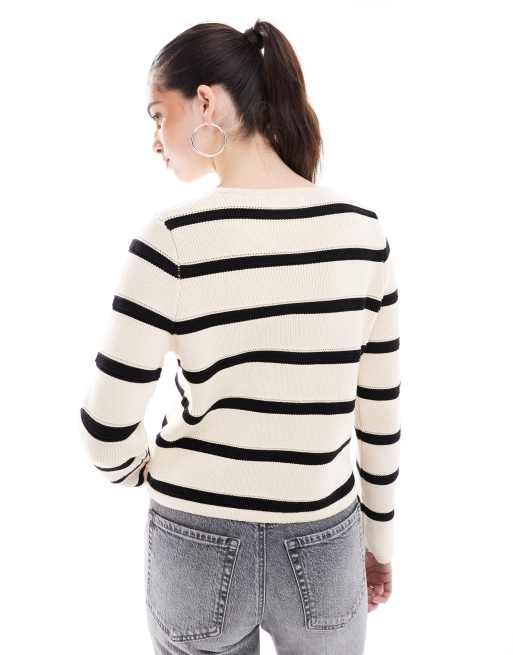 French Connection - Cardigan pesante color crema e nero a righe con bottoni, 4 di 4