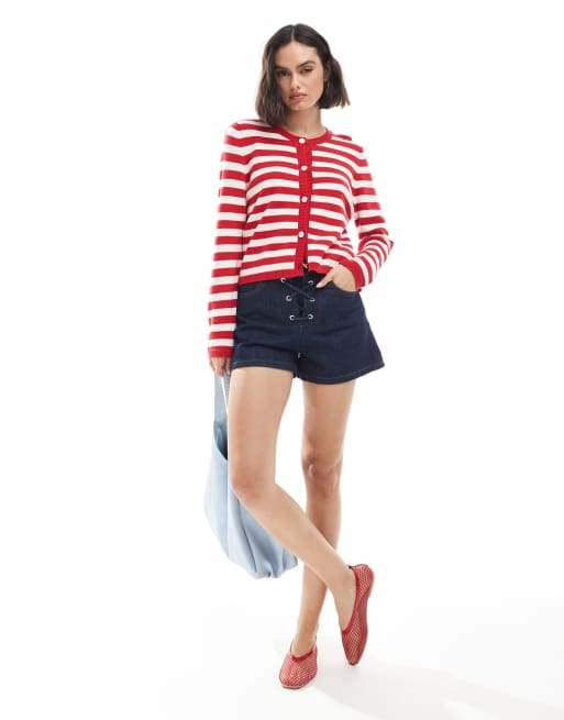 French Connection - Cardigan squadrato rosso e bianco a righe con bottoni, 2 di 4