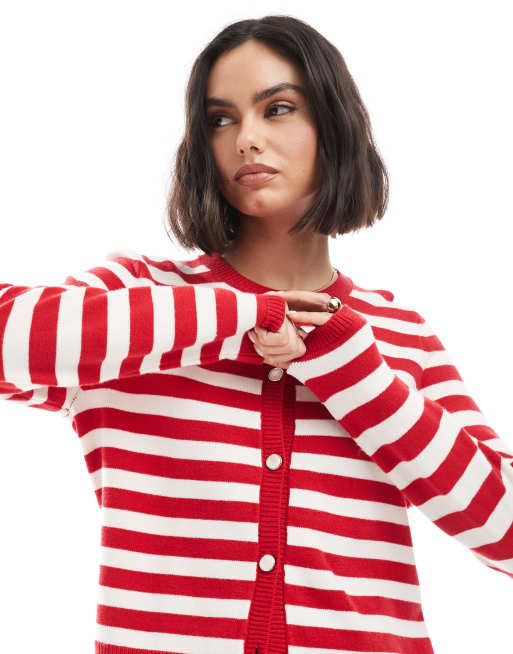 French Connection - Cardigan squadrato rosso e bianco a righe con bottoni, 3 di 4