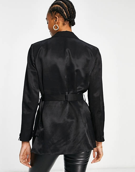  French Connection Carena suit jacket with tie waist in black co ord 