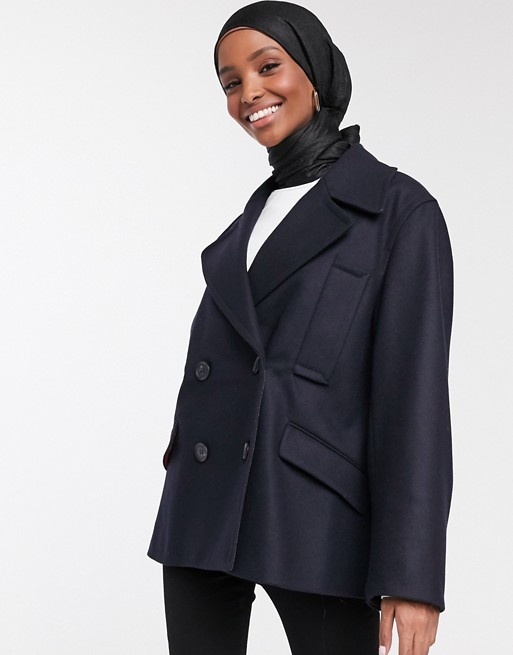 French Connection Carmelira double breasted short coat in blue