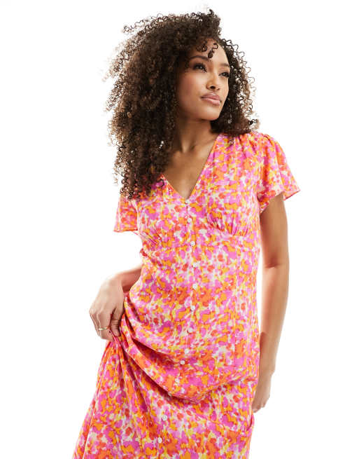 French Connection - Cass - Midi-jurk met fladdermouwen en bloemenprint in oranje