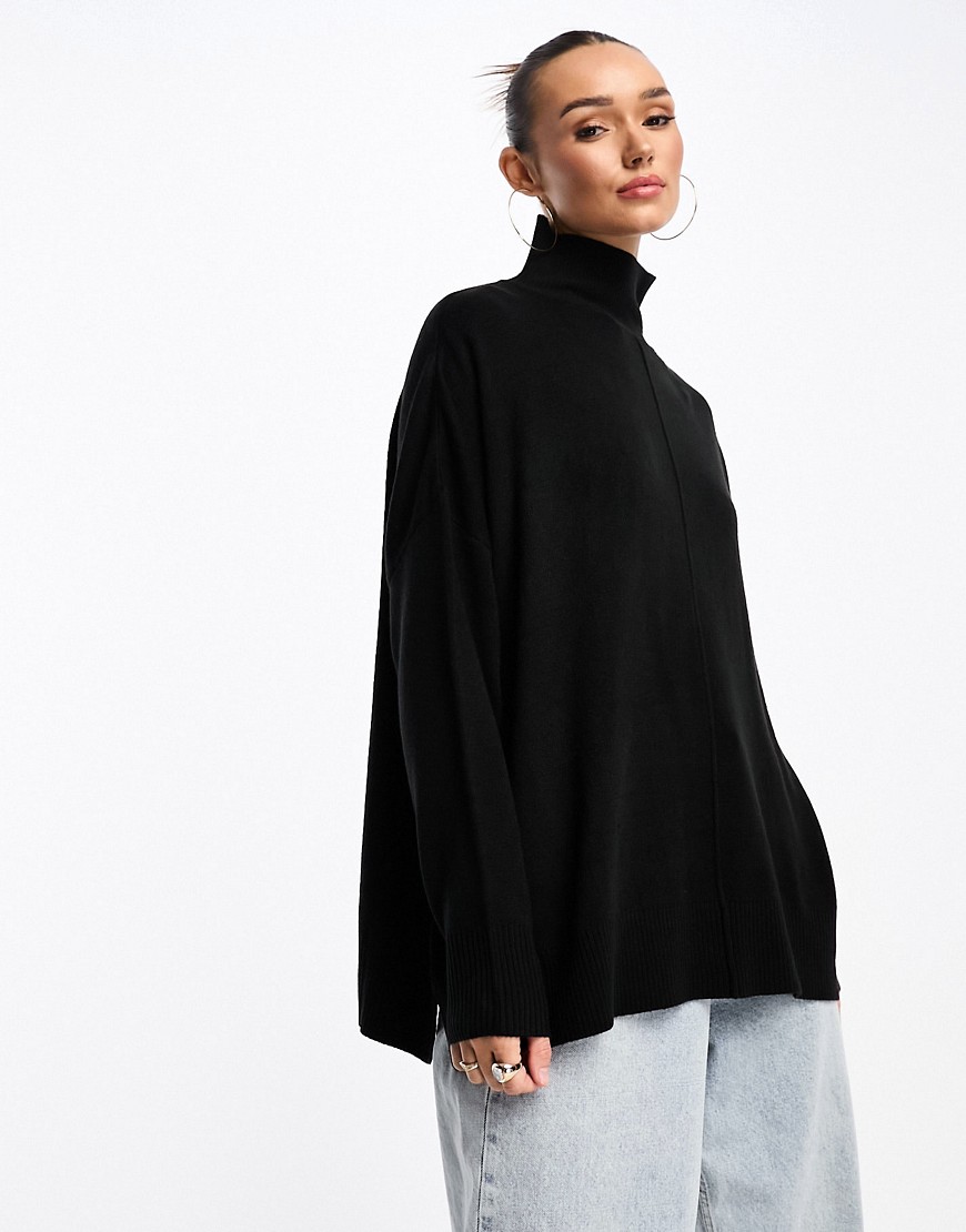 French Connection Center Seam Oversized Turtle Neck Sweater In Black