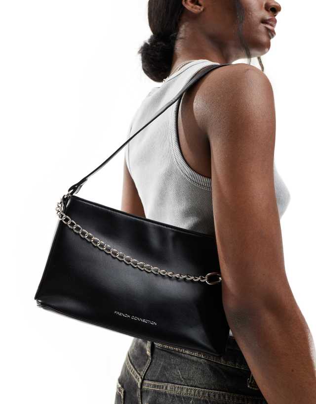 French Connection chain quilted shoulder bag in black