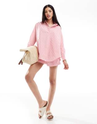 Chemise d'ensemble rayée en popeline à enfiler - Rose et blanc-Multicolore 40