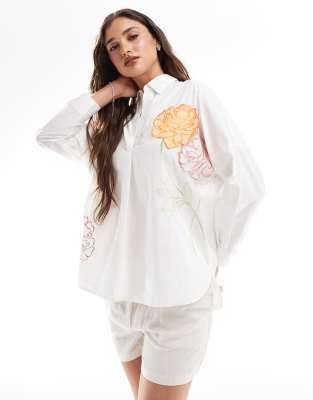 Chemise en coton à fleurs brodées avec boutons-pression - Blanc XS