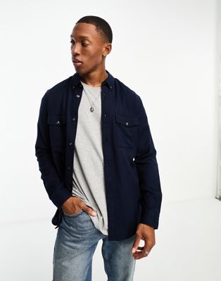 French Connection 2 pocket long sleeve flannel shirt in navy - ASOS Price Checker