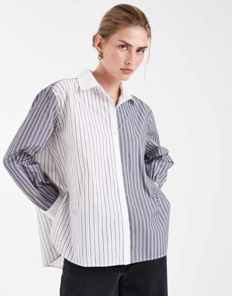 French Connection - Chemise manches longues à empiècements rayés - Blanc et gris - view 1