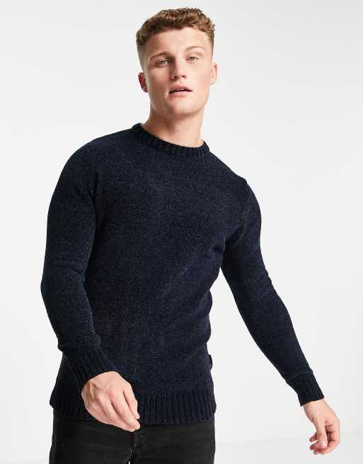 French Connection – Chenille-Pullover mit Rundhalsausschnitt in Marineblau