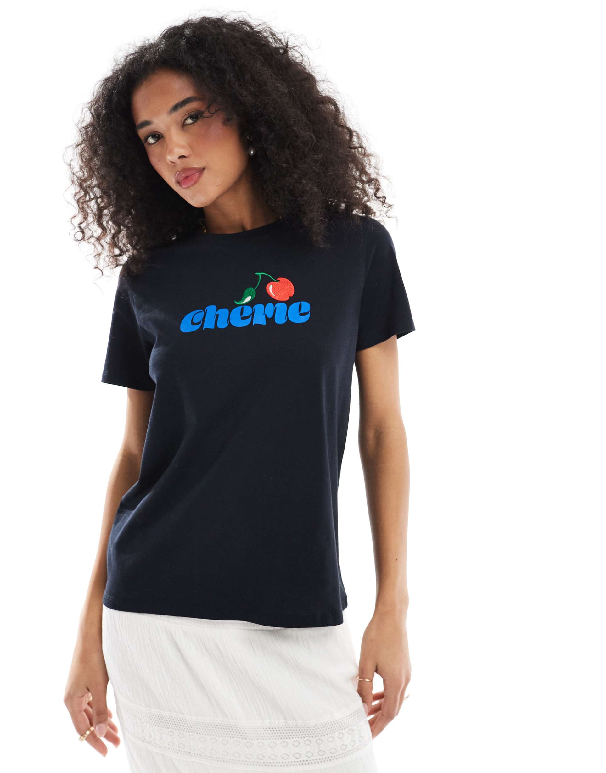 french connection cherie print t-shirt in navy