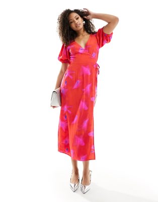 French Connection French Connection Christy wrapover puff sleeve midi dress in red and lilac blur-Multi