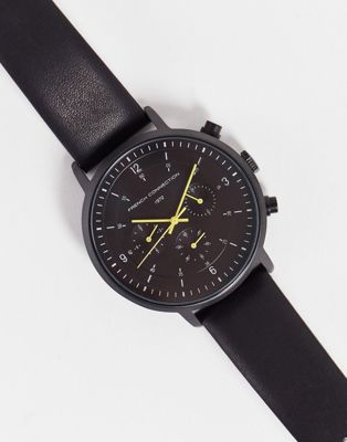 French Connection chronograph watch with leather strap in black