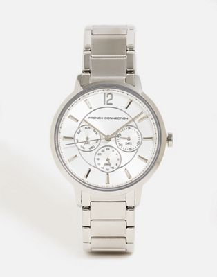 French Connection chunky link strap watch in silver with multi-dial