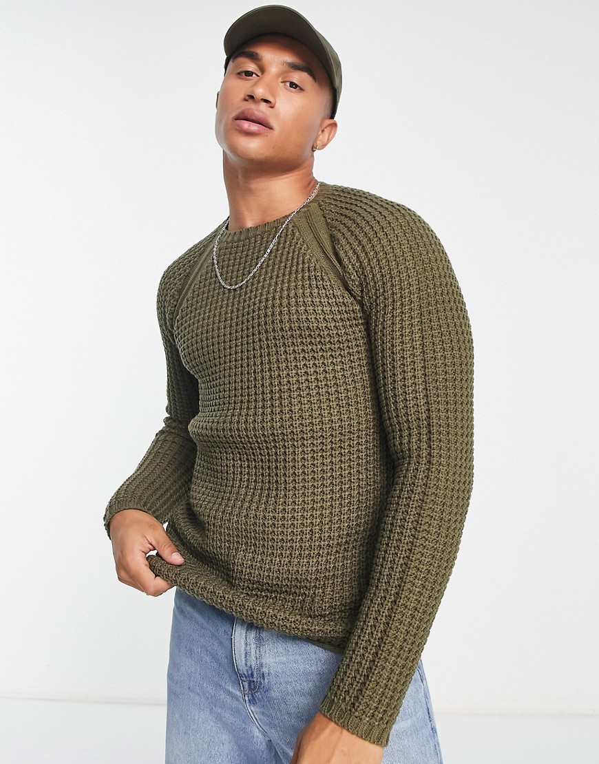 French Connection chunky stitch raglan sweater in khaki-Green